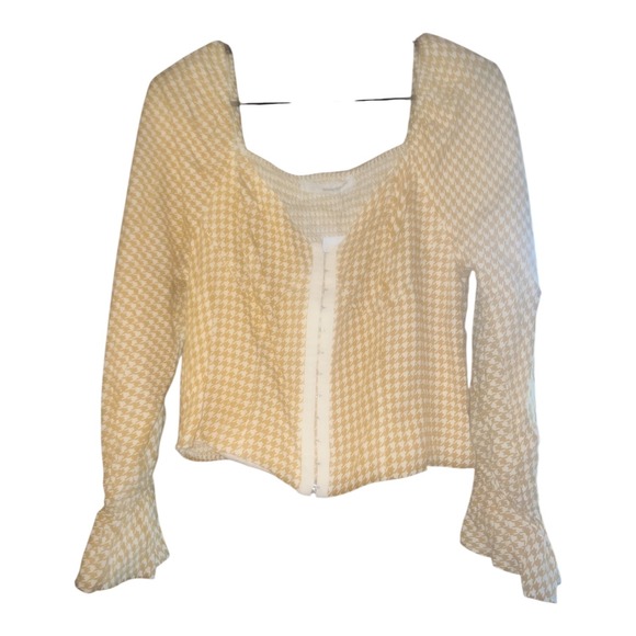 Womens XL Mustard Houndstooth Long Sleeve Hook Eye Corset Crop Top Blouse - Picture 1 of 3